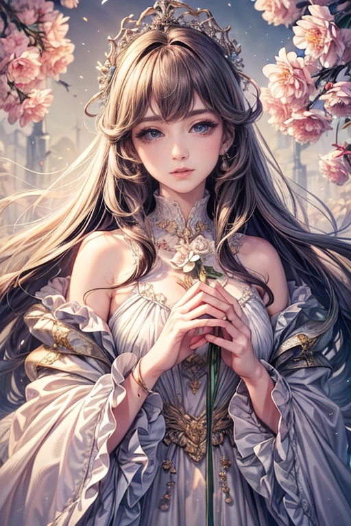 (highest quality,8k,CG),Upper body details,Lonely Girl,flower forest background,complex facial features,elegant long curly hair,large almond-shaped eyes,,Detailed eye makeup,Long eyelashes,Twinkling Star,Exquisite lip detail,Soft and harmonious style.
