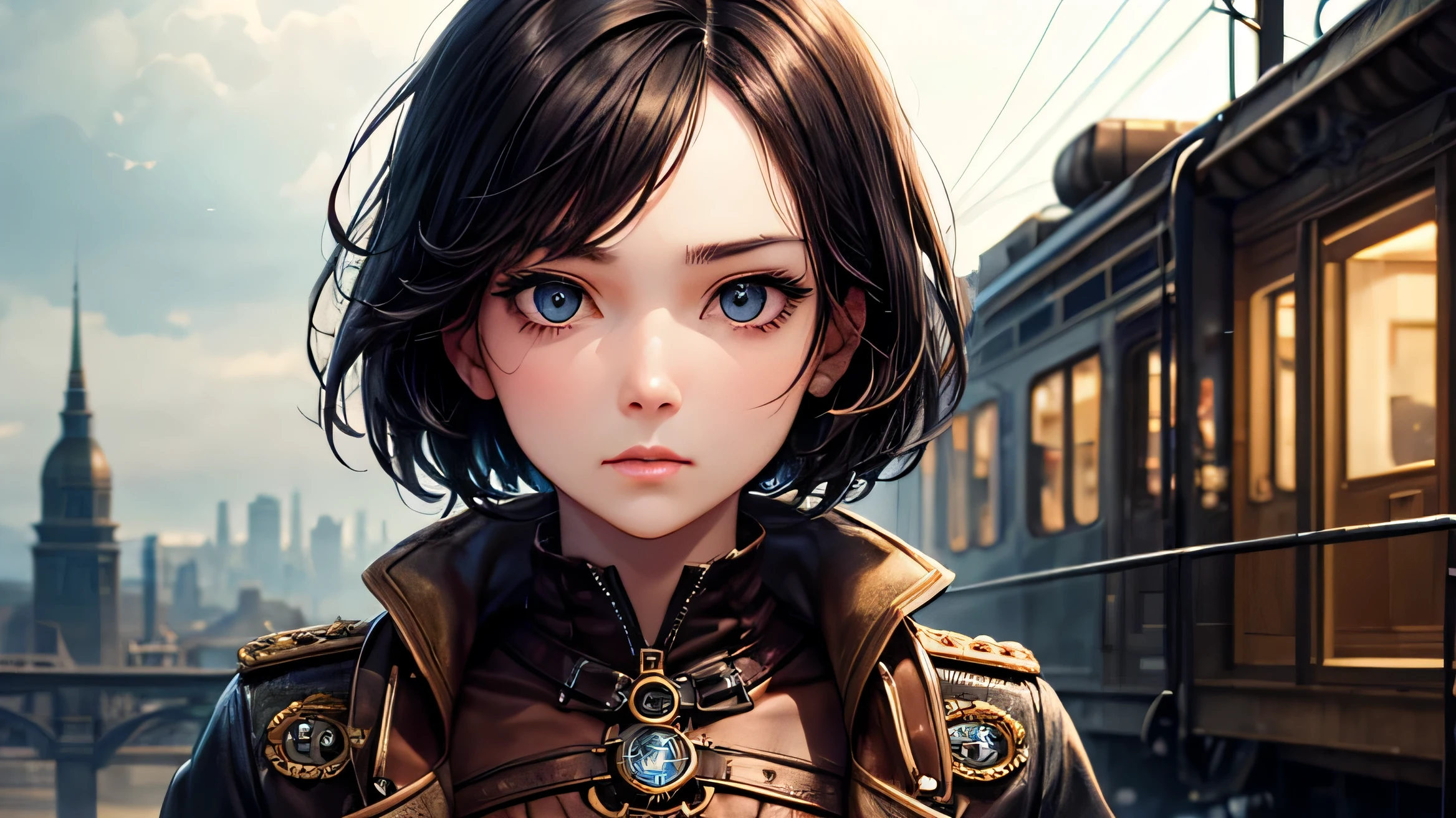 One Woman, Detailed facial description, Steampunk, Plump body, Steampunk military uniform, Short black hair, Fearless face, Steampunk scenery,