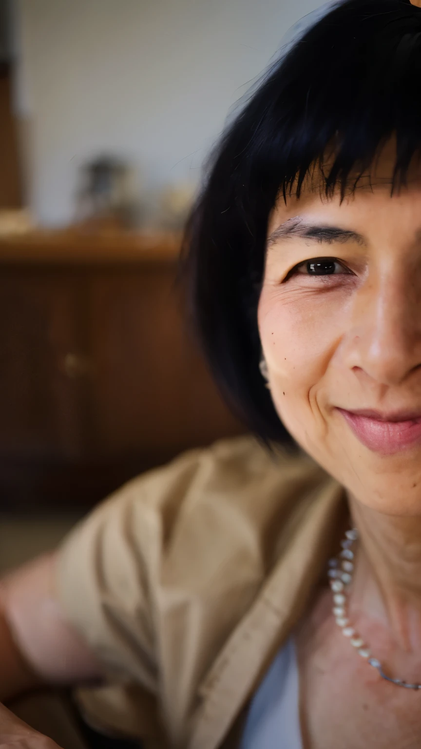 NSFW, ((Top Quality)), ((8K)), ((Masterpiece: 1.3)), (Perfect Appearance), (Photorealism: 1.6), (Japanese woman relaxing in the living room), (living), (dimly lit living room), (A woman reflected in soft light), japanese woman, (60 years old), gentle smile, (The eyes are looking here), short hairstyle, night dress, (The shape of the nipple that stands out slightly), (focus on face: 1.4),