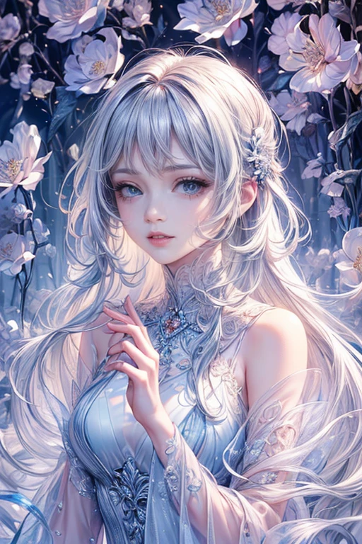 (The best quality at its best, 8k, CG, beautiful and detailed upper body, Lonely, Thumb Girl, transparent coat dress, flower forest background, complex facial features, long flowing hair, Almond Eyes, exquisite eye makeup, Long eyelashes fluttering, blink big eyes, Starry Sky, Delicate lip detail, Soft and harmonious style)