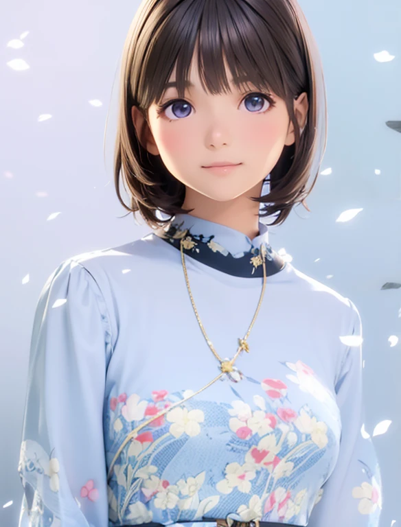 High resolution,In 8K,highest quality,detailed,Semi-realistic anime,Anime 3D Style,Smooth anime CG,One Girl,19-year-old woman in Japan,slim,Modeled,Shiny brown hair,Medium Hair,detailedな顔,Beautiful and detailed,Glowing Skin,Short-sleeved shirt,necklace,straggling hair,Angelic hairstyle,Small breasts,Round and big eyes,Looking at the audience,
