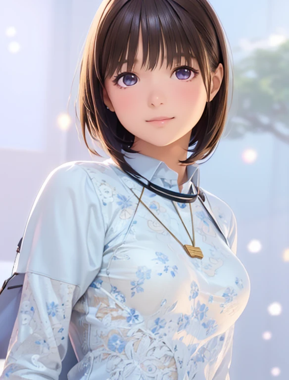 High resolution,In 8K,highest quality,detailed,Semi-realistic anime,Anime 3D Style,Smooth anime CG,One Girl,19-year-old woman in Japan,slim,Modeled,Shiny brown hair,Medium Hair,detailedな顔,Beautiful and detailed,Glowing Skin,Short-sleeved shirt,necklace,straggling hair,Angelic hairstyle,Small breasts,Round and big eyes,Looking at the audience,