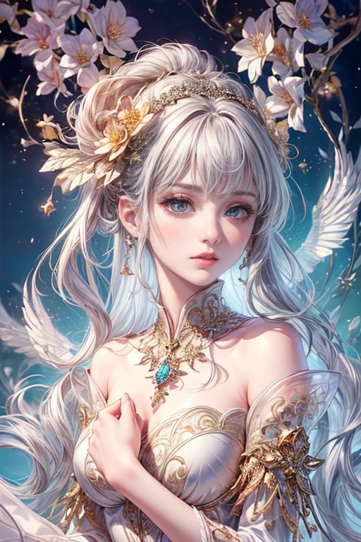 (highest quality,8k,CG,elaborate upper body,Lonely,girl,dress,Floral Background,Detailed facial features,length,elegant hair,Almond-shaped eyes,exquisite eye makeup,fluttering length eyelashes,Big blinking eyes,Twinkling Star, Intricate lip detail,Soft and harmonious style)