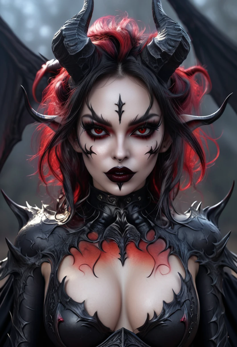 Realistic Beautyfull evil demonic y demented devil women,beautiful seductive facial expression,gorgeous facial features, highly detailed red skin, large curled devil horns, think curved jet black eyebrows, long luscious eyelashes, thick black eyeliner, jet black eye shadow, thick jet black lipstick,large hyper realistic detailed red eye, thin detailed little nose, high cheek bones, Cleft chin, small aremall perky darkred nipples, oluptuous curved breasts, elegant seductive hips, demonic devil outfit, large detailed demon wings, ((complete body))