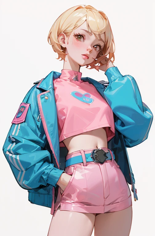 (masterpiece, highest quality) detailed, 1 character , Blue Archive Art Style , Wearing a baby blue jacket, Pink Belt , Outfits inspired by BLACKPINK, Crop top,A wonderful woman , short hair , Blonde , Orange eyes , No students , Pink Lips , Pale skin , 26 years old,
, Faded pastel colors , Cel shade ,
