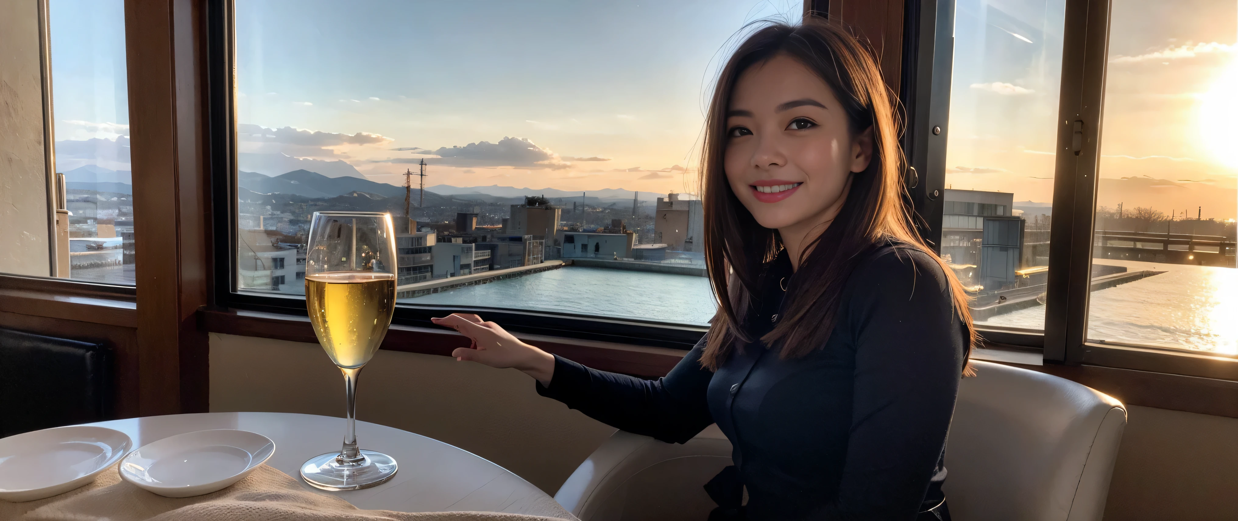((highest quality、8k、masterpiece:1.3))、Sharp focus:1.2、Beautiful woman perfect body:1.4、Slim body、((Bob Hale、Straight hair:1.2))、(to be born, highest quality, masterpiece:1.5), (Realistic, Intricate details:1.2), Ultra-high resolution, Spectacular view of the sunset sky and clouds、Amazing mountain views、A bright smile、A lovely woman with a smile、Bright image、2. Wine Beauties, Beautiful Face, blue eyes, The light shines on your face, Blushing, short hair,Bright face、Fox face、 (36 years old), 39 years old, Lady、red wine 、hors d'oeuvre、Italian food、wine bottle、Champagne、sparkling wine、two beauties、brown hair、Shortcuts、Long sleeve shirt、dress、Pretty Woman 1, (slim face), (The body is slim), (brown hair), (Shortcuts), cheeks turn a little red,charming beauty、, Out of the window, A beautiful and detailed night view unfolds.........., restaurant, In a prominent place (From the waist up) nova frog style, actress, model, Upper Body, White wine, slim, wine glass, wine glass placed in the middle, smile, (smile: 1.15), Beautiful fine grain, Depth f/2,saturation, High Contrast, Strong light and shadow,Moist Body:1.5、3D texture、Delicate eyes、brown hair、The hair is very shiny、