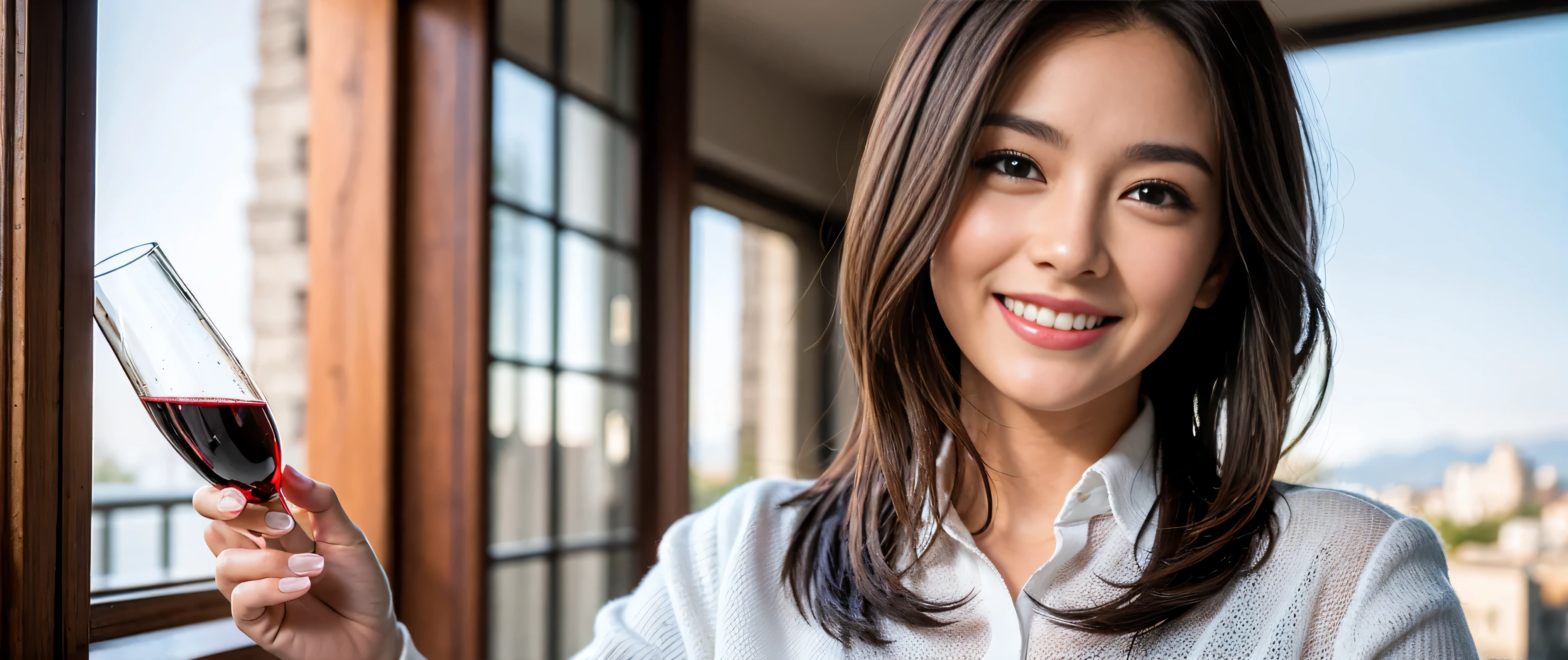 ((highest quality、8k、masterpiece:1.3))、Sharp focus:1.2、Beautiful woman perfect body:1.4、Slim body、((Bob Hale、Straight hair:1.2))、(to be born, highest quality, masterpiece:1.5), (Realistic, Intricate details:1.2), Ultra-high resolution, Spectacular view of the sunset sky and clouds、Amazing mountain views、A bright smile、A lovely woman with a smile、Bright image、2. Wine Beauties, Beautiful Face, blue eyes, The light shines on your face, Blushing, short hair,Bright face、Fox face、 (36 years old), 39 years old, Lady、red wine 、hors d'oeuvre、Italian food、wine bottle、Champagne、sparkling wine、two beauties、brown hair、Shortcuts、Long sleeve shirt、dress、Pretty Woman 1, (slim face), (The body is slim), (brown hair), (Shortcuts), cheeks turn a little red,charming beauty、, Out of the window, A beautiful and detailed night view unfolds.........., restaurant, In a prominent place (From the waist up) nova frog style, actress, model, Upper Body, White wine, slim, wine glass, wine glass placed in the middle, smile, (smile: 1.15), Beautiful fine grain, Depth f/2,saturation, High Contrast, Strong light and shadow,Moist Body:1.5、3D texture、Delicate eyes、brown hair、The hair is very shiny、