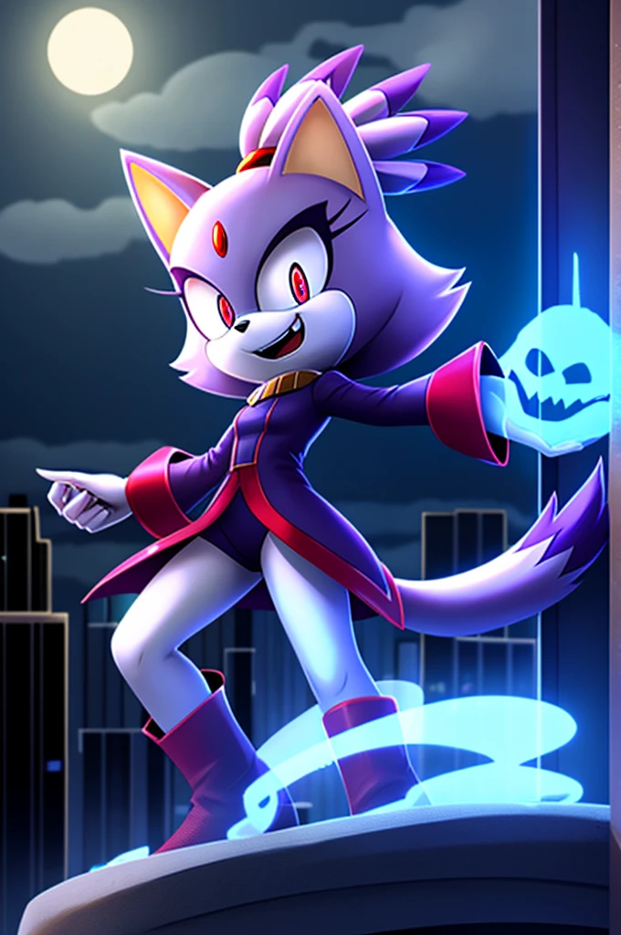 blaze the cat as a ghost demon, tall character, intimidating height, villainous stance, triumphant pose, black eyes with red glowing pupils, big evil grin, evil laughter, reveling in evil laughter, on top of a skyscraper, cloudy night, nighttime, moonlight coming through the clouds, high quality digital art