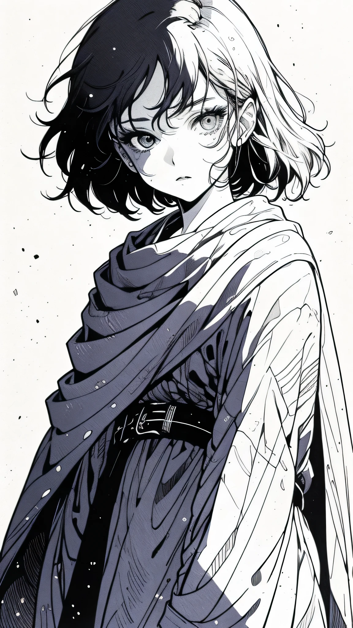 Professional close-up photo of a young woman, wrapped in a colorful warm blanket, Target-shading, Bold outlines, flat colors, sharp shadows, graphic style, (manga influence:1.3), clean line, amazing visual effects,a comic