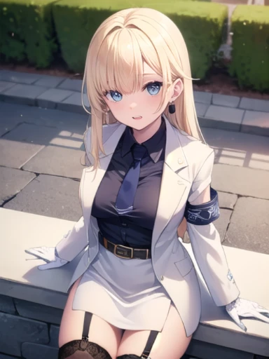 (masterpiece:1.3),((High resolution)),((high quality)),((Super detailed))、One Girl、Perfect balance、Perfect Face、Detailed face、Cute face、Beautiful detailed eyes、Expressive eyes、Cute eyes、Shining Eyes、Perfect body、Beautiful body、Emma Aizawa、Long Hair、Gradient Hair、hair band、Earrings、Blue tie、Collared shirt、White Dress、(White coat)、Armband、Long sleeve、Black gloves、Black Belt、Garter Straps、Black knee socks、Cowboy Shot、smile、Outdoor、Closed Mouth、blush、Sitting、From above