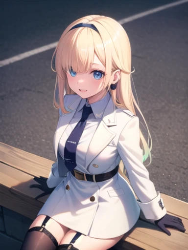 (masterpiece:1.3),((High resolution)),((high quality)),((Super detailed))、One Girl、Perfect balance、Perfect Face、Detailed face、Cute face、Beautiful detailed eyes、Expressive eyes、Cute eyes、Shining Eyes、Perfect body、Beautiful body、Emma Aizawa、Long Hair、Gradient Hair、hair band、Earrings、Blue tie、Collared shirt、White Dress、(White coat)、Armband、Long sleeve、Black gloves、Black Belt、Garter Straps、Black knee socks、Cowboy Shot、smile、Outdoor、Closed Mouth、blush、Sitting、From above