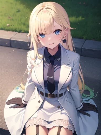 (masterpiece:1.3),((High resolution)),((high quality)),((Super detailed))、One Girl、Perfect balance、Perfect Face、Detailed face、Cute face、Beautiful detailed eyes、Expressive eyes、Cute eyes、Shining Eyes、Perfect body、Beautiful body、Emma Aizawa、Long Hair、Gradient Hair、hair band、Earrings、Blue tie、Collared shirt、White Dress、(White coat)、Armband、Long sleeve、Black gloves、Black Belt、Garter Straps、Black knee socks、Cowboy Shot、smile、Outdoor、Closed Mouth、blush、Sitting、From above