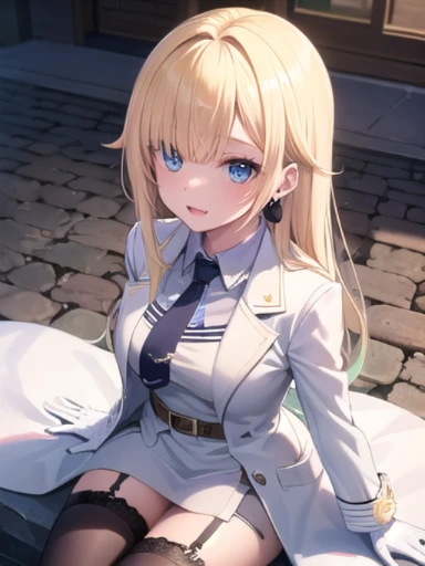 (masterpiece:1.3),((High resolution)),((high quality)),((Super detailed))、One Girl、Perfect balance、Perfect Face、Detailed face、Cute face、Beautiful detailed eyes、Expressive eyes、Cute eyes、Shining Eyes、Perfect body、Beautiful body、Emma Aizawa、Long Hair、Gradient Hair、hair band、Earrings、Blue tie、Collared shirt、White Dress、(White coat)、Armband、Long sleeve、Black gloves、Black Belt、Garter Straps、Black knee socks、Cowboy Shot、smile、Outdoor、Closed Mouth、blush、Sitting、From above