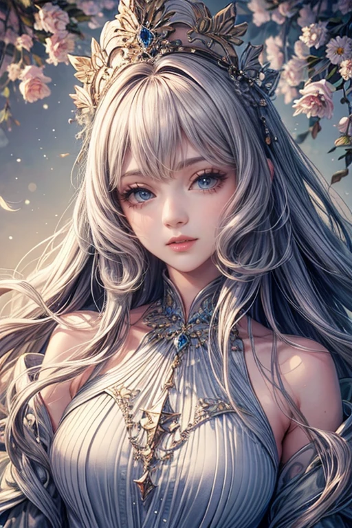 (highest quality,8k,CG),Upper body details,Lonely Girl,flower forest background,complex facial features,elegant long curly hair,large almond-shaped eyes,,Detailed eye makeup,Long eyelashes,Twinkling Star,Exquisite lip detail,Soft and harmonious style.