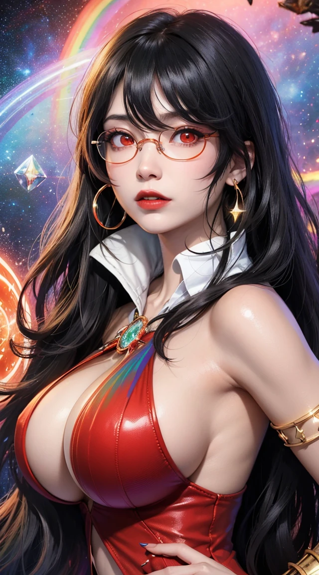 1名 27歳 woman, Understood、(Best illustrations)、8K Ultra HD resolution、intricate details、最high quality、Realistic、Super detailed、Best lighting、Best Shadow、Soft Lighting、Ultra HD、Dungeons and Dragon、cave、Dungeons、 Necromancer、night、Dark Style、Succubus、devil&#39;Daughter of、Bat Wings，(((デーモンホーンラック縁Round Glasses))))、(((Big Breasts)))、(devil&#39;tail)、(Red eyes glow:1.6)、masterpiece、Beautiful Features、Tyndall effect、Realisticphotograph、(high detail skin:1.2)、8KUHD、Digital single-lens reflex camera、high quality、photograph、High resolution、 Absurd、Ponytail distortion、Optimal ratio of four fingers to one thumb、1 girl、hair ornaments、真っ赤に輝くgemのネックレス、gem、Beautiful expression、Body Up、Big Breasts emphasis、Tight waist、Wide ass、Tyndall effect、Photorealistic、(high detail skin:1.2)、Dark and mysterious version, Lipstick Red Lips, Thin and beautiful lips, Don&#39;Don&#39;Don&#39;Don&#39;Don&#39;t laugh, please shut your mouth, Characters created by Karol Baku and Pino Denis, intricate details, detailed background, very detailed, The magic of light, woman, Cute face, ((((giant glasses, Nerd Glasses, Thick glasses, Round Glasses))))、 looking at the Upper Body of the goddess , round chest, big and round chest, Phoenix Hair Brooch, Long hair with bangs, (Long hair is seven colors like the rainbow:1.9), Beautifully detailed face and well-proportioned eyes, (Crystal clear red eyes: 1.8), Big round eyes and very beautiful and detailed makeup, Visionary, long silk nightgowns, Mystical makeup, ブresponseレット, Side bangs dyed light yellow...., Upper Body, (goddess Upper Body: 1.8), hanging arms, リアルで鮮やかなphotograph, (star々Configure : 1.7), ( A space-time portal of the sky and imagination: 1.8), Fiction Art, RAWphotograph,黒い着物のphotograph, 最高のphotograph , expensive_response, 最high quality, 最高のphotograph, 8K quality, 8k Ultra , Surrealism, 最も経済的な本物のphotograph, 12のstar座の芸術的な肖像, 裏面には12のstar座のうちの1つのシンボルが描かれている, 12 Portrait of the Goddess, 最もRealistic配色, 最高のphotograph color, masterpiece, hair ornaments, ネックresponse, jewelry, Beautiful Face, Upper Body, Tyndall effect, photographのようにリアルな, dark studio, Border Light, Two-tone lights, (Fine skin) expensive: 1.2), 8K Ultra HD, Digital single-lens reflex camera, Soft Light, expensive quality, Volumetric Light, Frank, photograph, expensive responseolution, 4K quality, 8k, Bokeh, Smooth and sharp, 10x more pixels, Charming goddess, Sexy Goddess, (Background Space: 1.8), (milky way: 1.7), Aurora, lightning, (Auroraの背景: 1.8) <roller:crazy_Perfect Eyes_v1_from_v1_, Beautiful goddess and flowers, 