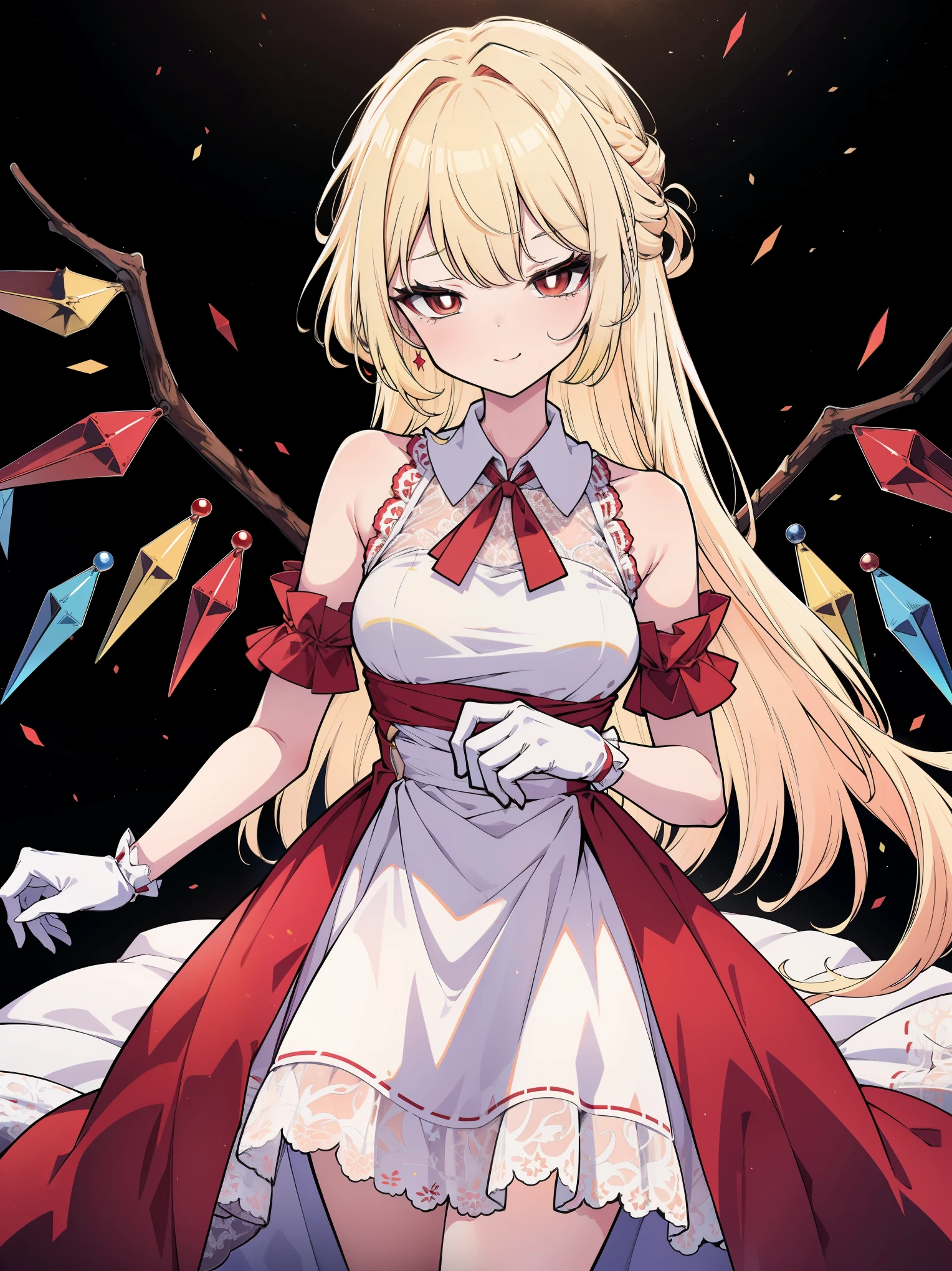 (cowboy shot), (colorful:1.1), vibrant color, (ultra-high resolution, depth of field:1.2), (Flandre scarlet:1.1), (1woman), (adult), in her 20s, Touhou project, (medium breasts), (red eyes), white pupils, glowing eyes, blonde hair, wavy hair, (long hair:1.1), (french braid), red ribbon, (wearing a white gala dress:1.2), frills, (long white lace gloves), seductive smile, (elegant ballroom scenery:1.2)