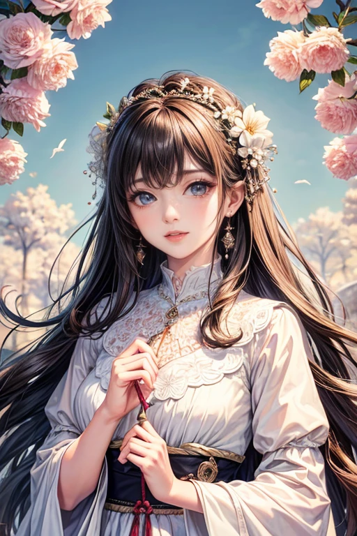 (highest quality,8k,CG),Upper body details,Lonely Girl,flower forest background,complex facial features,elegant long curly hair,large almond-shaped eyes,,Detailed eye makeup,Long eyelashes,Twinkling Star,Exquisite lip detail,Soft and harmonious style.