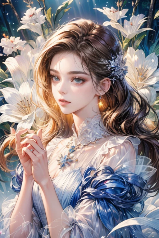 (highest quality:1.4), (masterpiece:1.4), Ultra-high resolution, 8k, CG, Exquisite, Upper Body, Lonely, Thumb Girl, Little Princess, Blue Taffeta Coat Dress, Forest Background, Detailed facial features, brown hair, Almond-shaped eyes, Detailed eye makeup, Long eyelashes, Amber eyes with a starry gaze, Delicate lip detail, Soft and harmonious style
