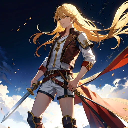 Solo, adventurer, human, male, gilden hair, medium hair, straight hair, high quality, detailed, perfect face, golden eyes, young, slim, sword in scabbard, high camera angle, looking at camera, white shirt, leather jacket, form fitted clothing, shorts, tall boots, belt, white background, plain background 
