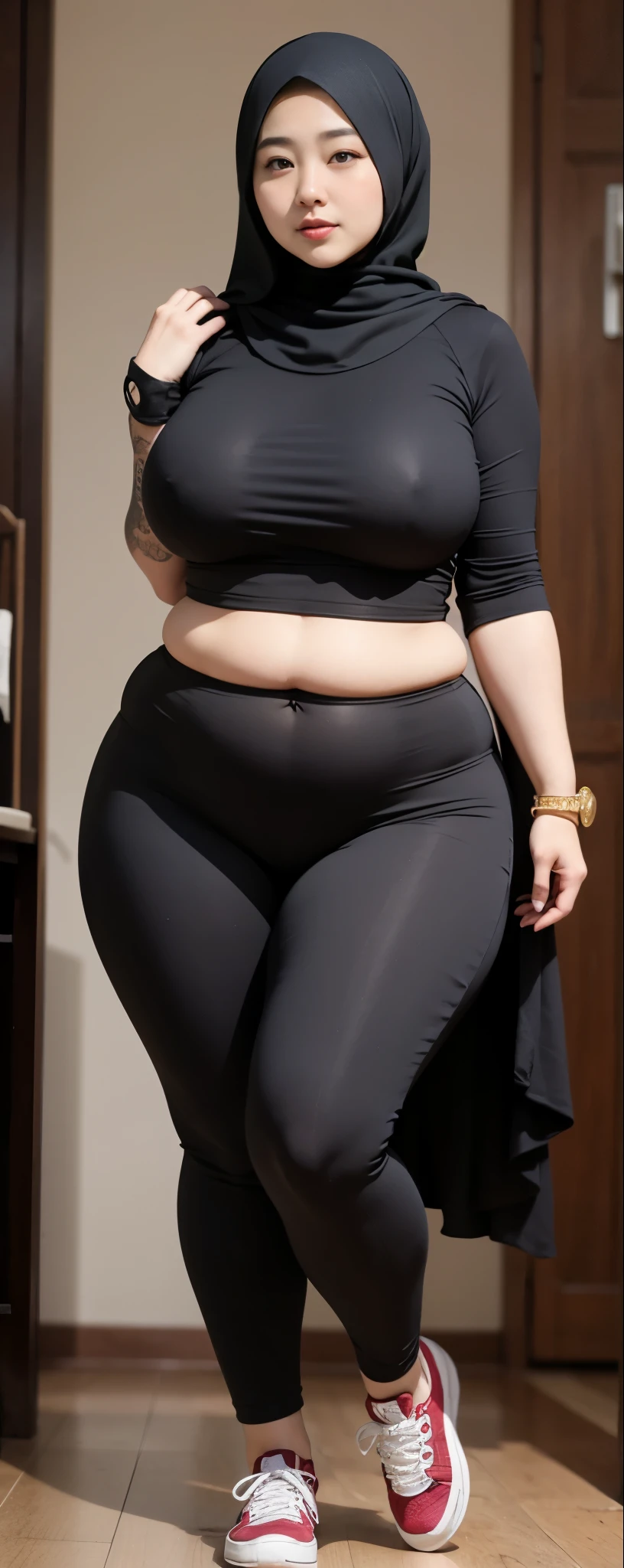 ((best quality)), ((masterpiece)), (detailed), perfect face, araffe woman thick and thight long pants posing for a picture, curvy model,, curvy hourglass figure, sexy longest hand t-shirt, thicc, beautiful full body shot, soft curvy shape, in a longest hand t-shirt, a beautiful woman , bbwchan, , armpits, there is a old woman posing in a dark room with a maroon burka clothes , 43 years old, thick body, beautiful thick female, wide hips, thick legs, she has a jiggly fat round belly, thick thighs, curvy hourglass figure, thicc, curvy model, widest hips, hyperrealistic full figure, bbwchan, voluptuous body, thick, tattooed body, tattooed hands, hena on arm, hena in belly, Burka girl, muslim clothes, 43 years old woman. Burka chubby woman, chubby cheeks, wearing a sneakers, bob hairstyle, thick neck, short neck, there is a woman random pose red-brown hijab, bbwchan, thicc, brown hijab outfit, brown hijab fashion model, korean girl, korean woman, wearing brown robe, full length shot, alluring plus sized model, japanese goddess, clothed in hooded, voluptuous and arousing, portrait shot, curvy model, voluptuous body, wonderful, nene tanaka body , bbwchan, The overall atmosphere is smooth , haunting illustrations, extremely high-resolution details, photographic, realism pushed to extreme, fine texture, 4k, ultra-detailed, high quality, high contrast, red sneakers , cold atmosphere ,, 8k resolution , ultra-detailed resolution , wearing long thight pants, random pose with full body , full body, diamond necklace , wearing a watch , thick arm, thick cheeks , wearing a gold Bracelet