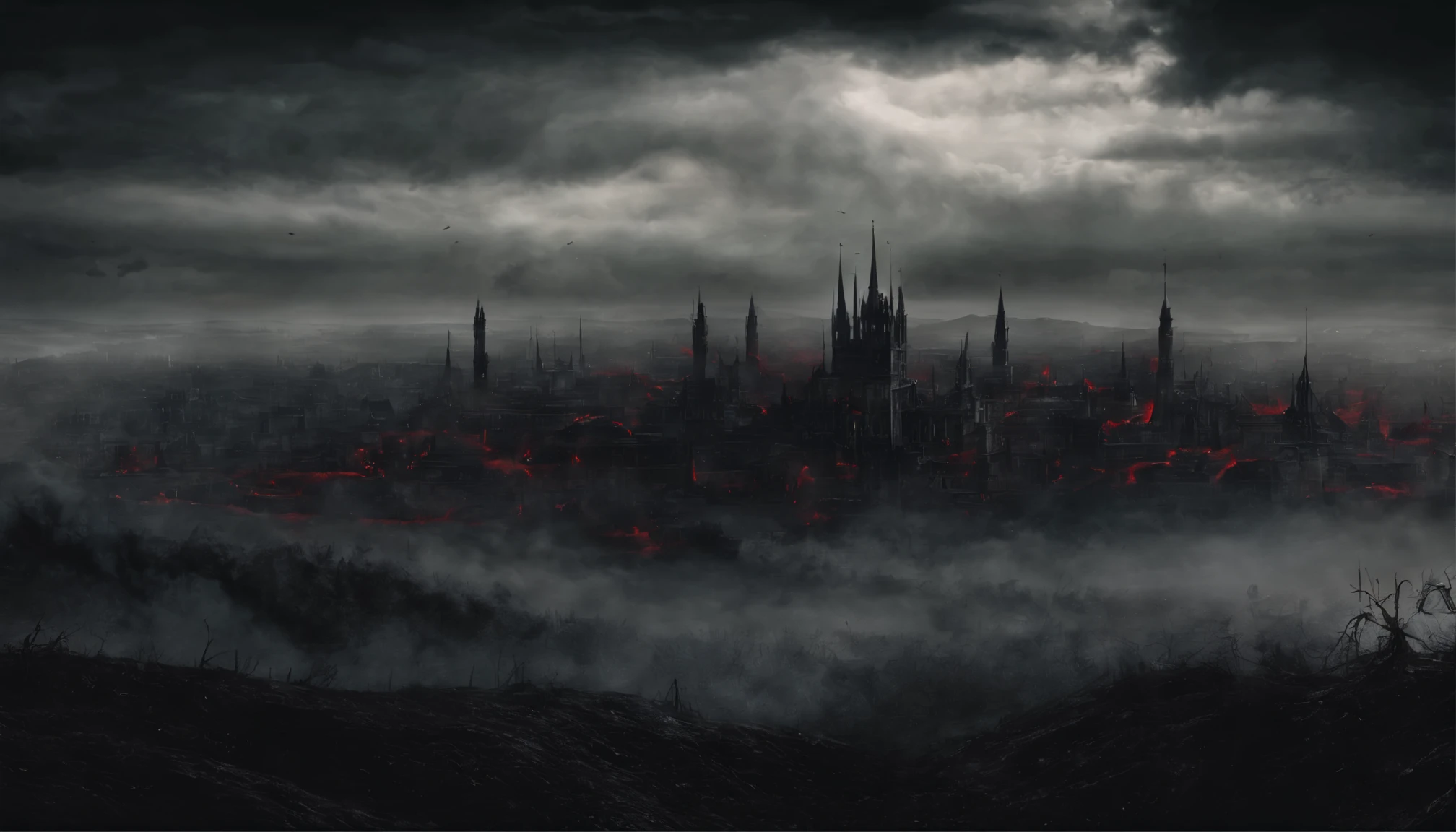 Uma cidade ao longo. A panoramic view of a distant Kingdom. There are black and red clouds in the sky