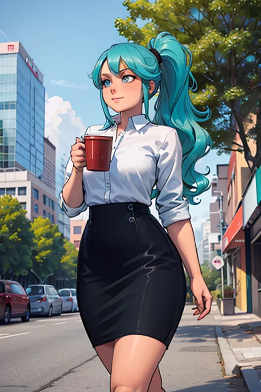 high_aesthetic, art by BetterWithSalt, 1girl, (aqua blue hair), long wavy hair in ponytail, blue eyes, black pencil skirt, dress shirt, black tights, happy expression, tight clothes, (((skinny))), ((holding coffee)), walking with confidence, city background with lots of trees and buildings, (cowboy shot), (best quality, masterpiece)