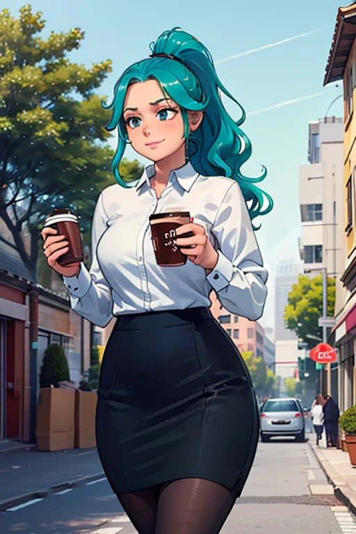 high_aesthetic, art by BetterWithSalt, 1girl, (aqua blue hair), long wavy hair in ponytail, blue eyes, black pencil skirt, dress shirt, black tights, happy expression, tight clothes, (((skinny))), ((holding coffee)), walking with confidence, city background with lots of trees and buildings, (cowboy shot), (best quality, masterpiece)