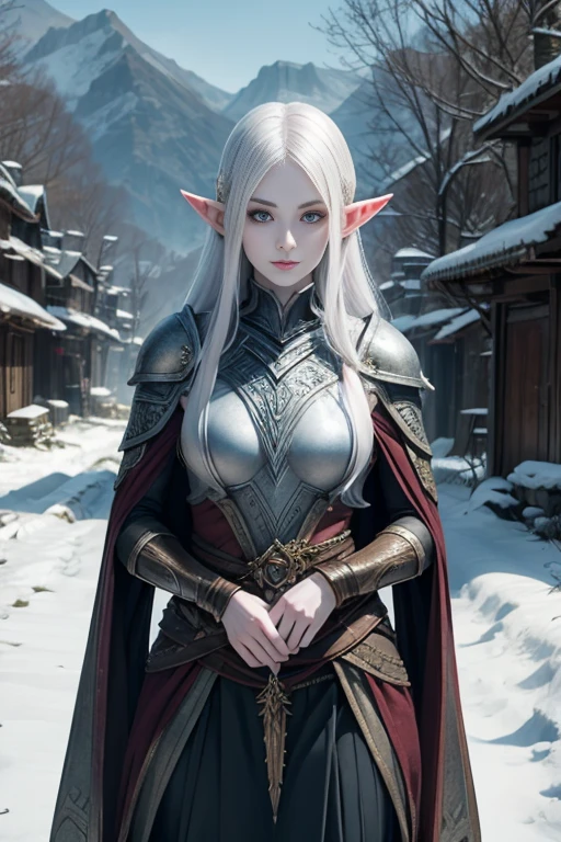 Pale skin, elf, winter armor, glaring at viewer, village ruins,