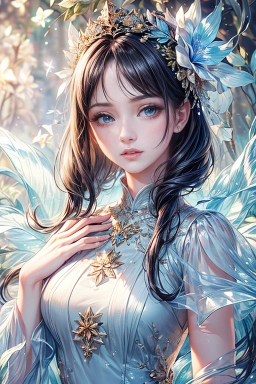 Highest quality、masterpiece、Ultra-high resolution、1People Girls、lips、Sparkling Eyes、(((A neck poncho with a design that combines glass-like translucent feathers)))、Candy color gradation、Fantasy、Lightness、detailed、Sharp focus