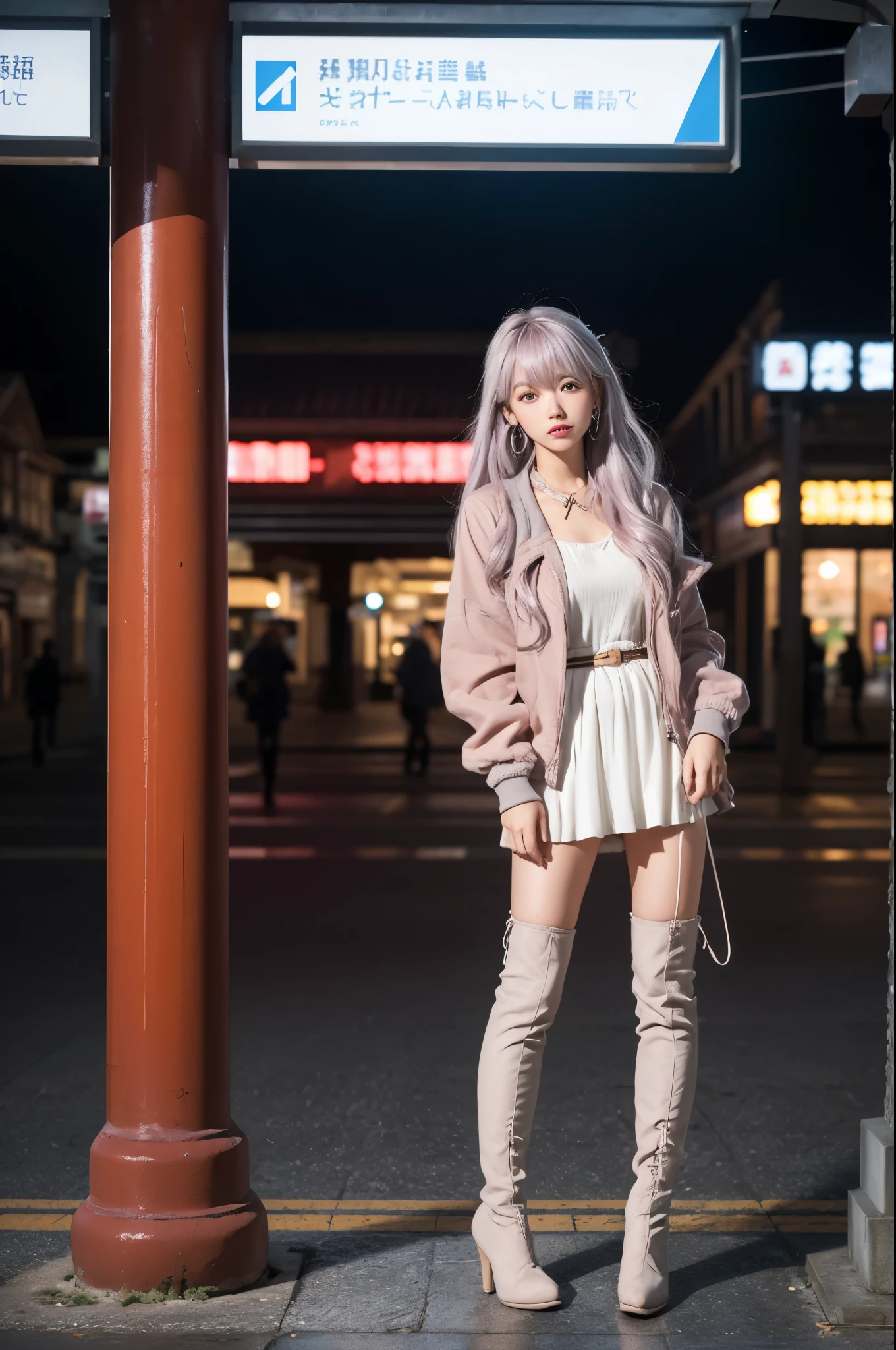 artworks，ultra high resolution，8K resolution，Accurate facial features with depth of field，is a perfect face，girl，the only person，ssmile，Long gray hair，with pink hair，crossed bangs，shairband，bangle，collars，hoop earings，aviator sunglasses bomber jacket，red fire retardant clothing，Over-the-knee boots，Ruffled pantyhose，crouched，facing to audience，eventide，temple，Train station，Fleet Collection，movie lighting