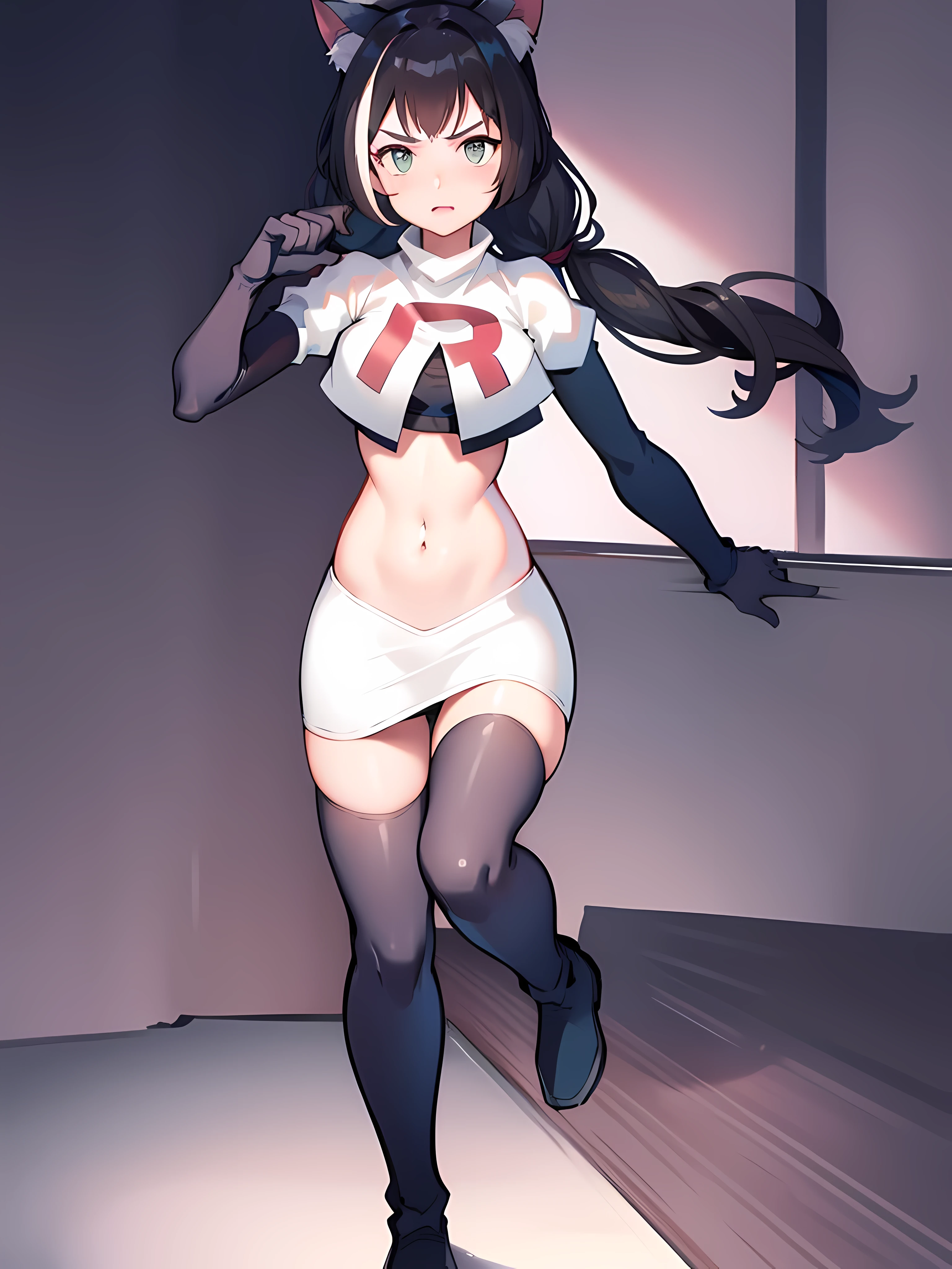 karyl,low twintails, twintails, cat tail,team rocket,team rocket uniform,white skirt,red letter R,crop top,black thigh-highs,black elbow gloves