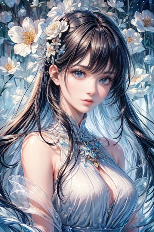 (highest quality,8k,CG,Upper body details,Lonely Girl,Floral Dress,Forest Background,Detailed facial features,Elegant long black hair,Almond blue eyes,Detailed eye makeup,Long, fluttering eyelashes,Big blinking eyes,Twinkling Star,Intricate lip detail,Soft and harmonious style)