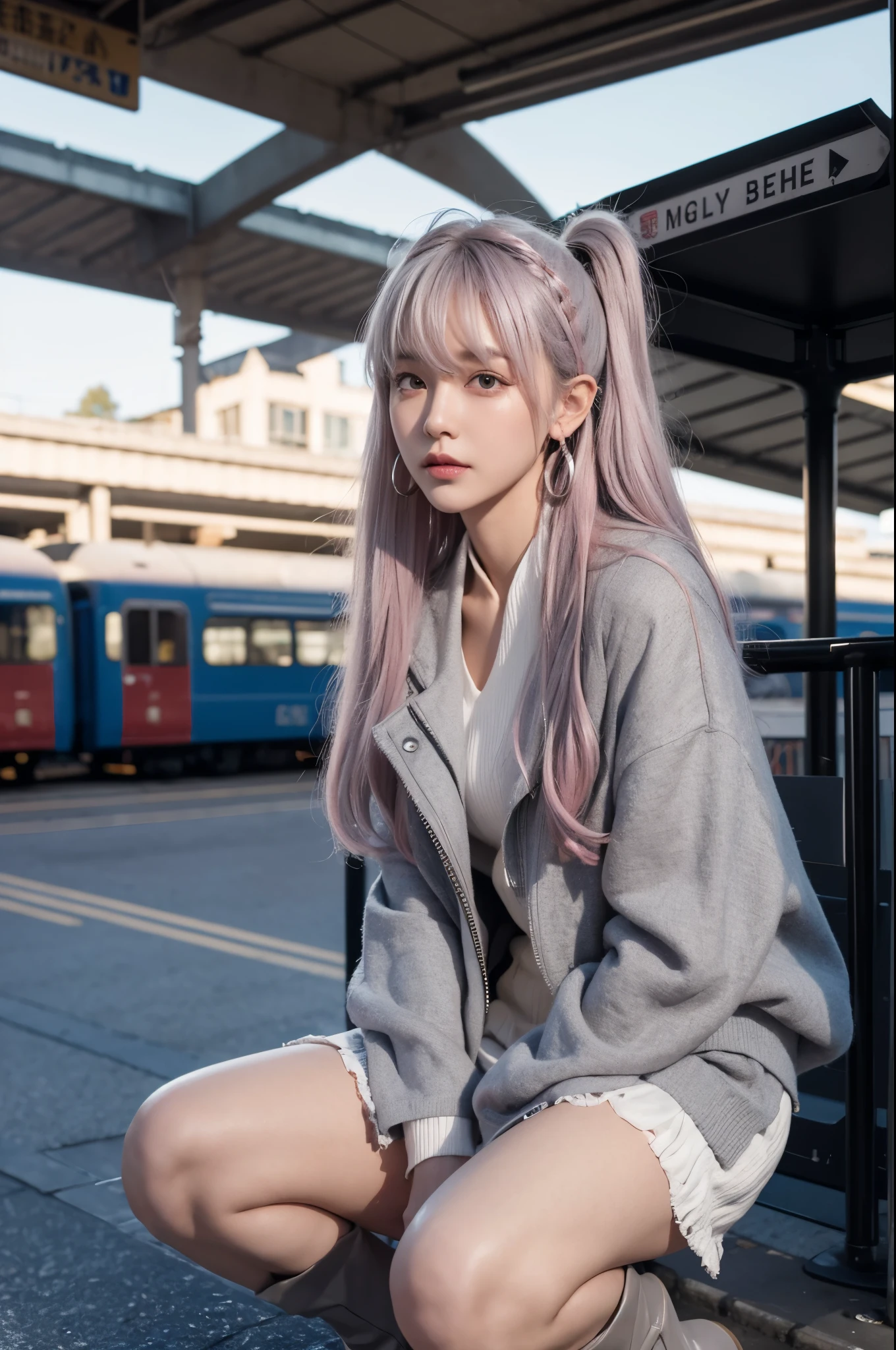 artworks，ultra high resolution，8K resolution，Accurate facial features with depth of field，is a perfect face，girl，the only person，ssmile，Long gray hair，with pink hair，crossed bangs，shairband，bangle，collars，hoop earings，aviator sunglasses bomber jacket，red fire retardant clothing，Over-the-knee boots，Ruffled pantyhose，crouched，facing to audience，eventide，temple，Train station，Fleet Collection，movie lighting