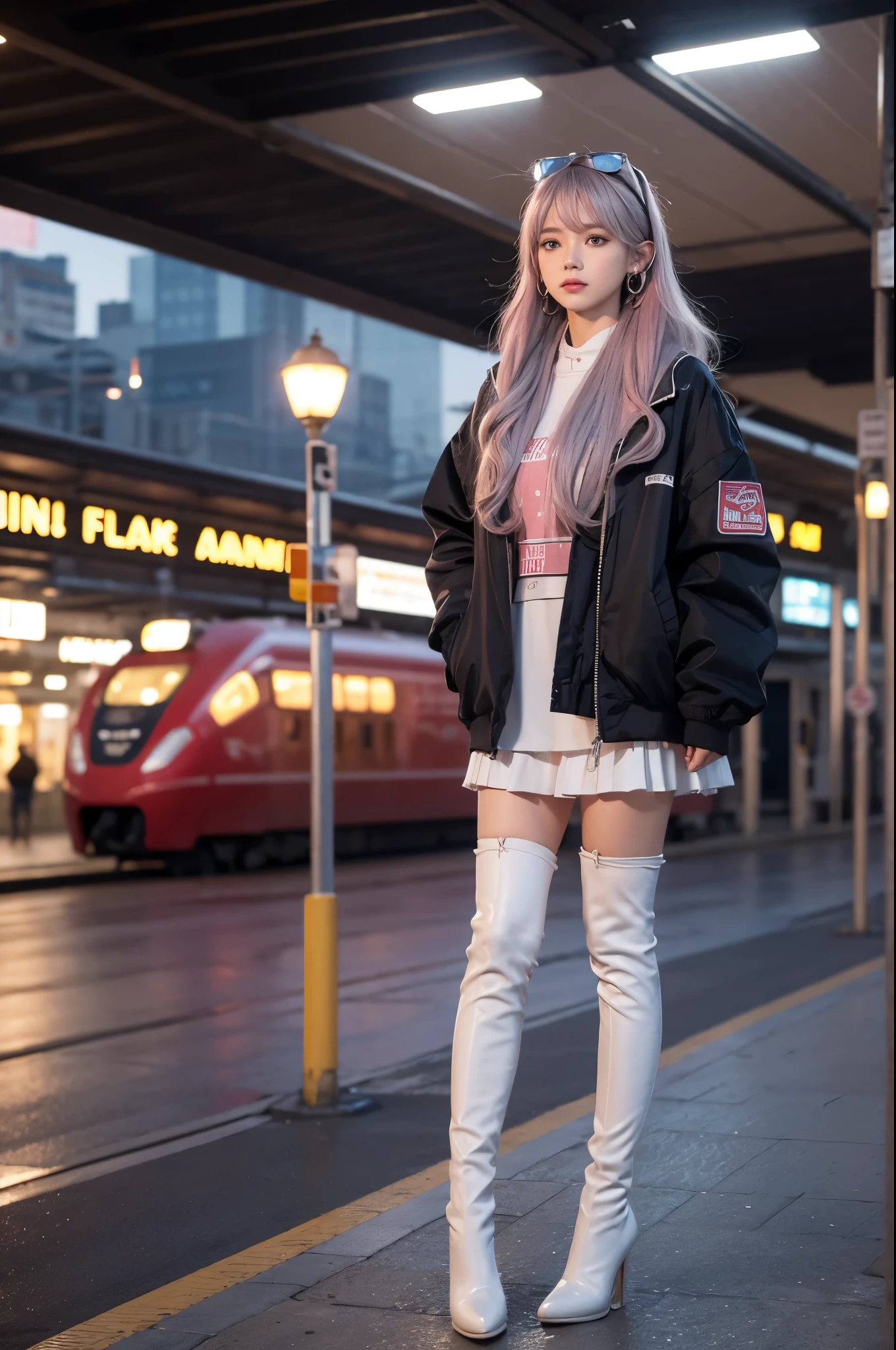 artworks,ultra high resolution,8K resolution,Accurate facial features with depth of field,is a perfect face,girl,the only person,ssmile,Long gray hair,with pink hair,crossed bangs,shairband,bangle,collars,hoop earings,aviator sunglasses bomber jacket,red fire retardant clothing,Over-the-knee boots,Ruffled pantyhose,crouched,facing to audience,eventide,temple,Train station,Fleet Collection,movie lighting