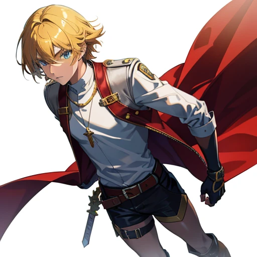 Solo, adventurer, human, male, golden hair, short hair, straight hair, high quality, detailed, perfect face, golden eyes, young, slim, sword in scabbard, high camera angle, looking at camera, white shirt, leather jacket, form fitted clothing, shorts, tall boots, belt, white background, plain background