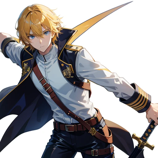 Solo, adventurer, human, male, golden hair, short hair, straight hair, high quality, detailed, perfect face, golden eyes, young, slim, sword in scabbard, high camera angle, looking at camera, white shirt, leather jacket, form fitted clothing, shorts, tall boots, belt, white background, plain background