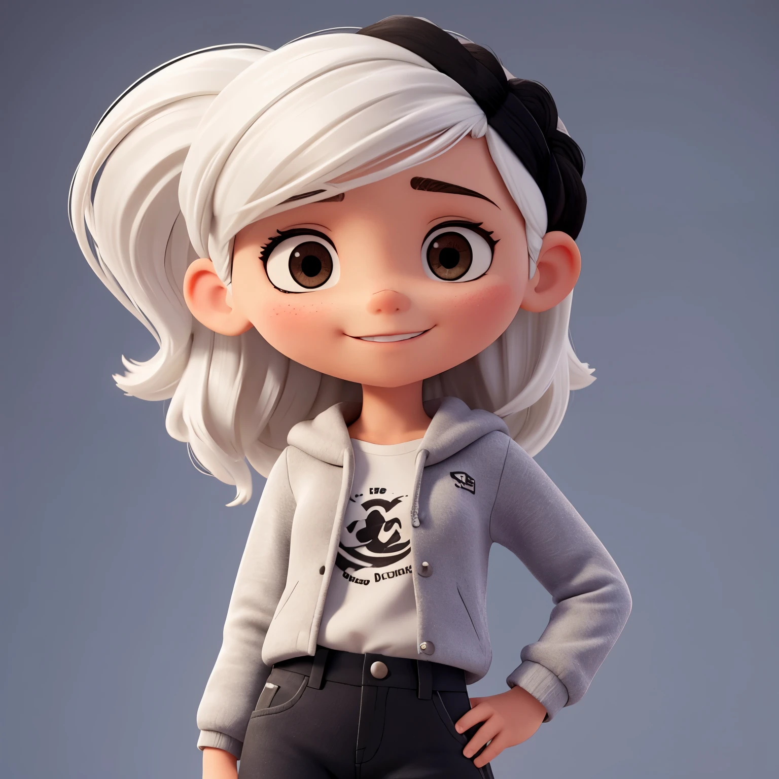 Ia quiero la imagen como si fuera dibujo animado de una chica de piel blanca cabello negro largo vestida con unos pantalones negros blusa blanca y chaqueta negra con pecas en la cara