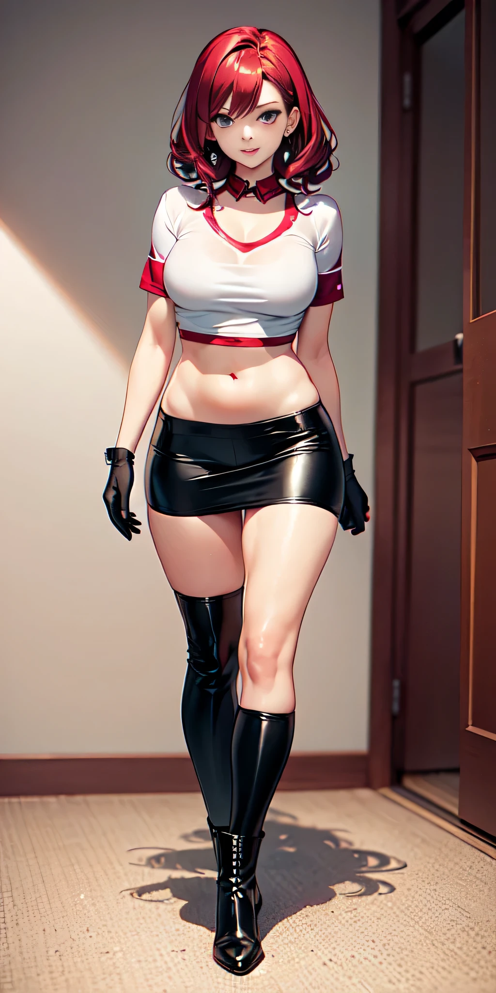 (Solo 1 mujer) Professional anime drawing, Dynamic view (front back mostly) full length, light-skinned female, , symmetrical face, long curly magenta hair, blue eyes, crimson red lipstick, slim build and perfect figure, chest Firm and striking, he is approximately 1.65 meters tall, his usual attire consists of a tight white top with a red large R logo, underneath a cropped black T-shirt that reveals his belly button, long black boots and gloves, round colored stud earrings Green, White Tight Micro Skirt, Extremely Detailed Intricate Image