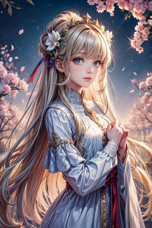 (highest quality,8k,CG),Upper body details,Lonely Girl,flower forest background,complex facial features,elegant long curly hair,large almond-shaped eyes,,Detailed eye makeup,Long eyelashes,Twinkling Star,Exquisite lip detail,Soft and harmonious style.