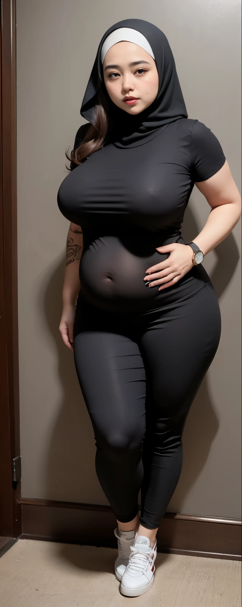 ((best quality)), ((masterpiece)), (detailed), perfect face, araffe woman thick and thight long pants posing for a picture, curvy model,, curvy hourglass figure, sexy longest hand t-shirt, thicc, beautiful full body shot, soft curvy shape, in a longest hand t-shirt, a beautiful woman , bbwchan, , armpits, there is a old woman posing in a dark room with a maroon burka clothes , 43 years old, thick body, beautiful thick female, wide hips, thick legs, she has a jiggly fat round belly, thick thighs, curvy hourglass figure, thicc, curvy model, widest hips, hyperrealistic full figure, bbwchan, voluptuous body, thick, tattooed body, tattooed hands, hena on arm, hena in belly, Burka girl, muslim clothes, 43 years old woman. Burka chubby woman, chubby cheeks, wearing a sneakers, bob hairstyle, thick neck, short neck, there is a woman random pose red-brown hijab, bbwchan, thicc, brown hijab outfit, brown hijab fashion model, korean girl, korean woman, wearing brown robe, full length shot, alluring plus sized model, japanese goddess, clothed in hooded, voluptuous and arousing, portrait shot, curvy model, voluptuous body, wonderful, nene tanaka body , bbwchan, The overall atmosphere is smooth , haunting illustrations, extremely high-resolution details, photographic, realism pushed to extreme, fine texture, 4k, ultra-detailed, high quality, high contrast, red sneakers , cold atmosphere ,, 8k resolution , ultra-detailed resolution , wearing long thight pants, random pose with full body , full body, diamond necklace , wearing a watch , thick arm, thick cheeks , wearing a gold Bracelet