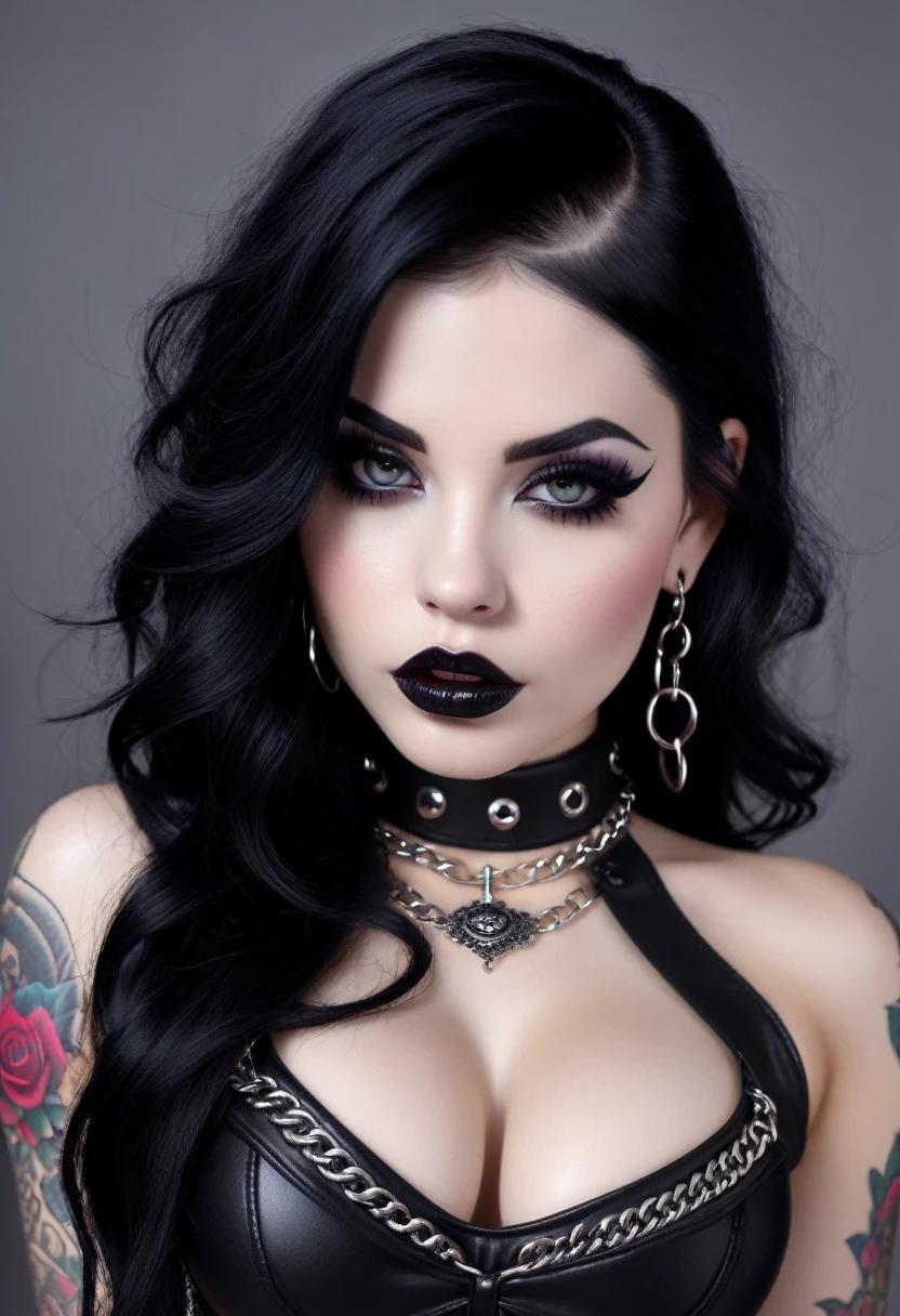 Hyper realistic photo perfect goth girl, sexy seductive facial features, tattooed face, smooth snow white skin, thin curved black eyebrows. Black eyeliner, dark black eye shadow, thick black lipstick, curved lips, extremely detailed long black wavy hair, earrings, lip piercings, choker collar with chains, complete fullbody, larg voluptuous breast, tattooed breast, tattooed Sternum underboob, tattooed stomach, abs, slim waist, toned hips, toned thighs, tattooed back, tattooed hips, age vagina, perfect pussy, teenasshole, thick toned ass, tattooed vagina, tattooed ass, ass out, spreading ass,