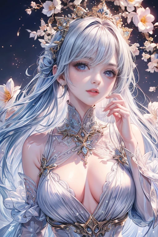 (highest quality,8k,CG,Beautiful details upper body,Lonely,Thumb Girl,tulle coat dress,Floral Background,complex facial features,Long flowing hair,Almond-shaped eyes,exquisite eye makeup,Long, fluttering eyelashes,Blinking big eyes,Starry Sky,Exquisite lip detail,Soft and harmonious style)