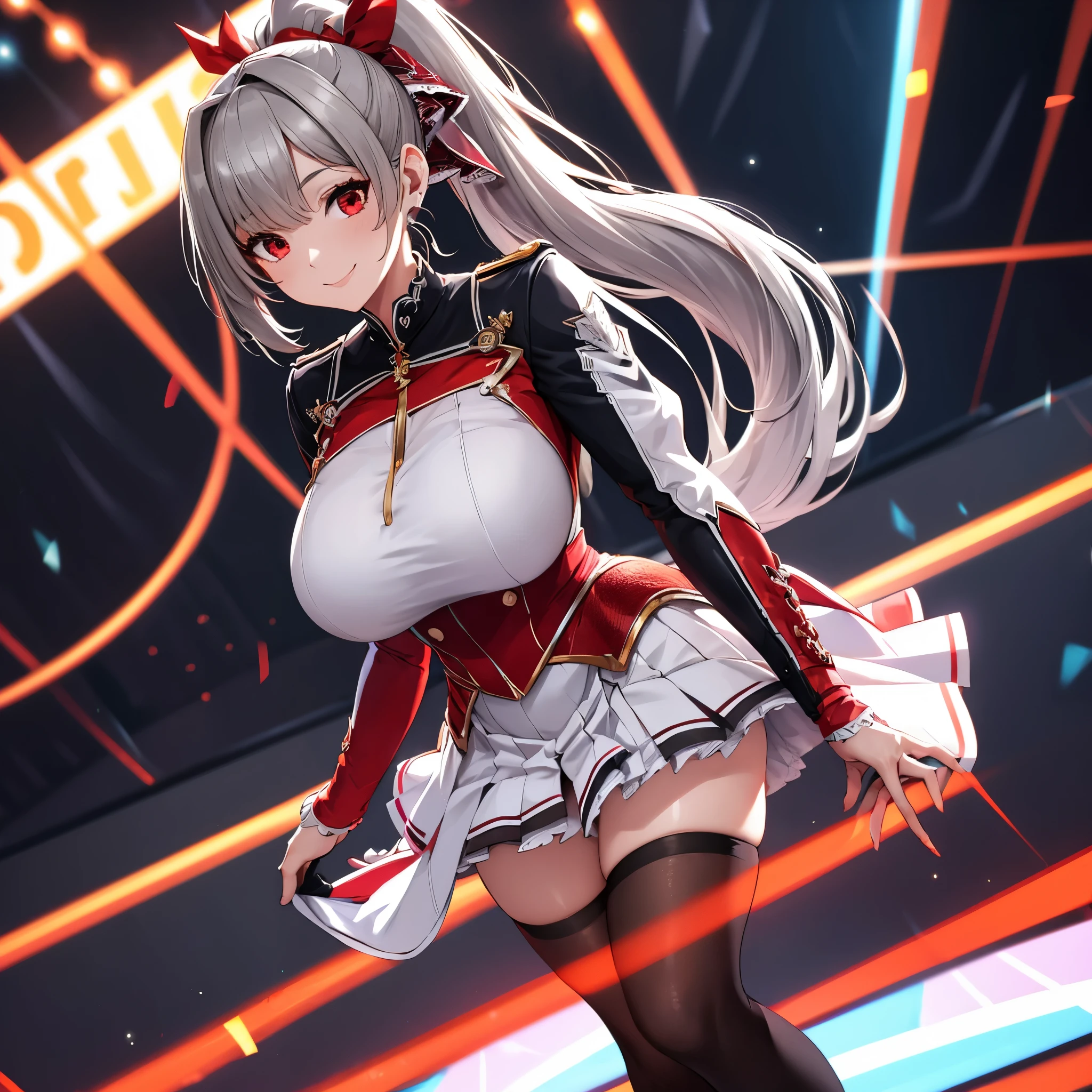 A woman wearing a gray idol uniform with red details, short skirt, black women's long socks, big breasts, smiling, long gray hair, ponytail hair, red eyes, on an idol music stage with red, white, orange lights, HDR, ultra resolution, well defined, masterpiece, 8K HD. (solo woman)
