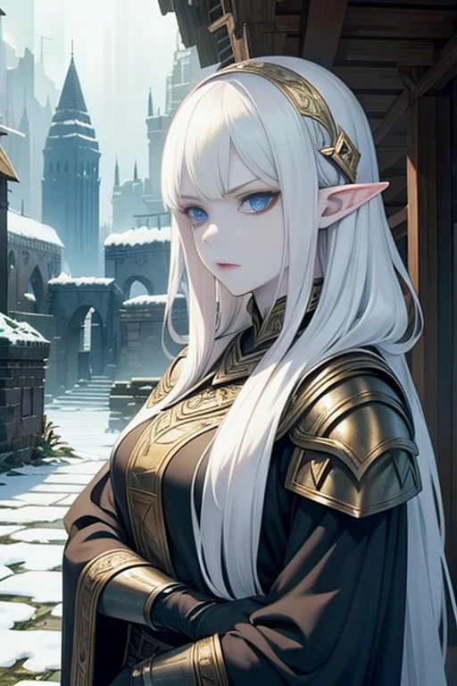 Pale skin, elf, winter armor, glaring at viewer, village ruins,