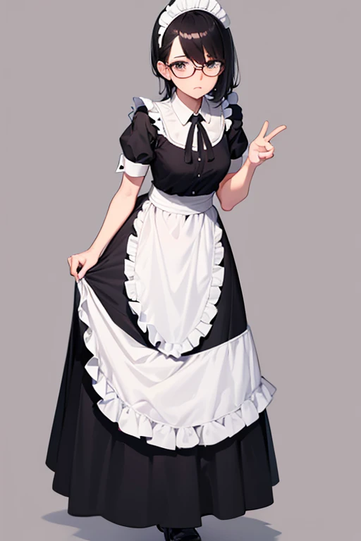 Glasses,Black Hair,Shortcuts,whole body,Maid clothes,No background