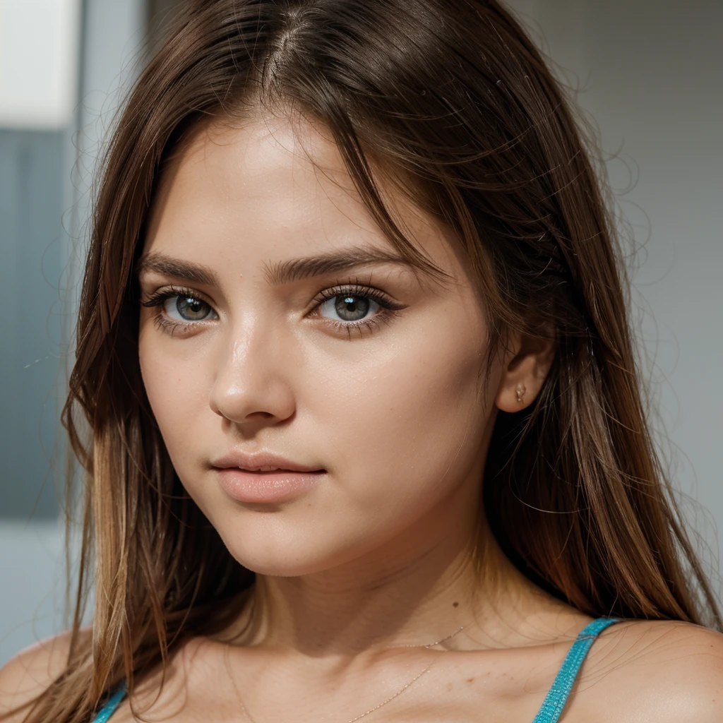 enfoque facial, loco por el amor, 14 years old , vestido de verano con volantes, Chica escandinava rubia extremadamente hermosa, Absolutamente hermoso, beautiful shiny super long hair, liso, rubio y sedoso、flequillo rubio encima de los ojos、pelo rubio encima de un ojo、rubia entre los ojos、Hay un escote en el pecho., arm behind head, Bajo contraste, (shy and bright look:0.8), coletero para el cabello, mejor calidad, Ultra high resolution, foto realista, super detailed, 8k, foto cruda, perfect anatomy、muy hermoso, brillante, Ojos grandes de color azul claro muy brillantes.、ojos muy grandes、small face beauty