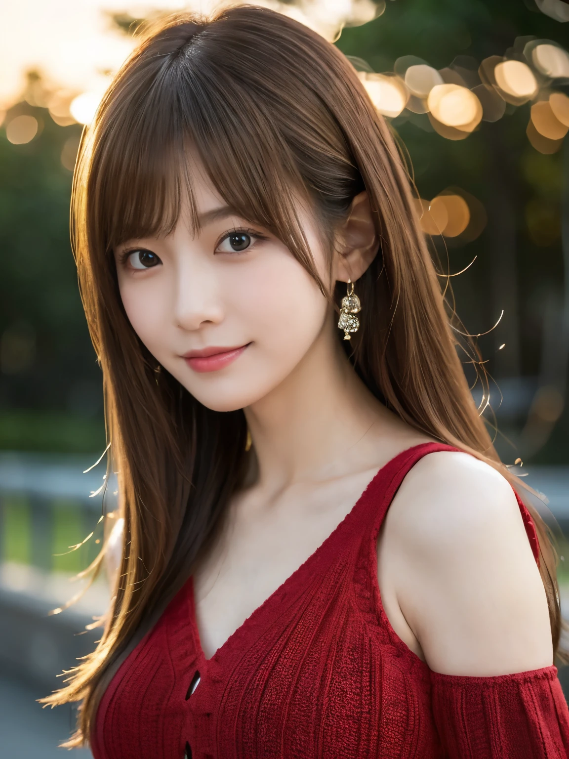 ​masterpiece, 1 beautiful girl, A detailed eye, Puffy eyes, top-quality, 超A high resolution, (Realistic : 1.4), cinematic lighting, Japanese, Asian Beauty, Super beauty, Beautiful skin, A slender, The body facing forward, (A hyper-realistic), (high resolution), (8K), (high detailed), (beautifully detailed eyes), (ultra-detail), (wall-paper)、A detailed face, Bright lighting, professional lighting, at view-art, Facing straight ahead, (The costume a red knitted dress), Long hair, hair messy, asymmetrical bangs, nighttime scene, Brown hair, Japan idle, Korean Idol, posing Gravure Idol, age23, tall, smile, sunset flower park scene, (Body posture facing the camera),
