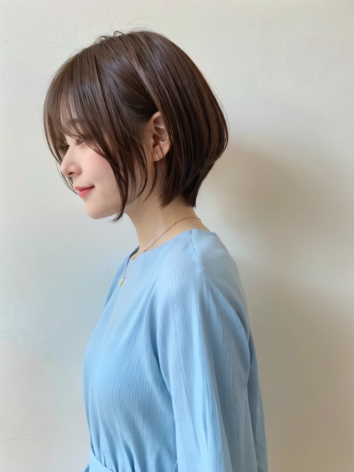 Tabletop、(8K、Raw photo、highest quality、masterpiece:1.2)、face down、Look down、White wall、In front of the white door、Light blue long sleeve dress Beautiful shiny hair、High-definition RAW color photos、Professional photos、(Realistic、photo Realistic:1.37)、Photographed in natural light、1 girl、Laughter、いろいろA pose、break (Ombre:1.3) 、Spring Clothes、Simple Necklace、(Beautiful profile:1.3)、Don'Don't look at the camera、profile、((Hair color is dark brown))、Shortcuts、Short Hair、short hair、fluffy hair、Mr.々A pose
