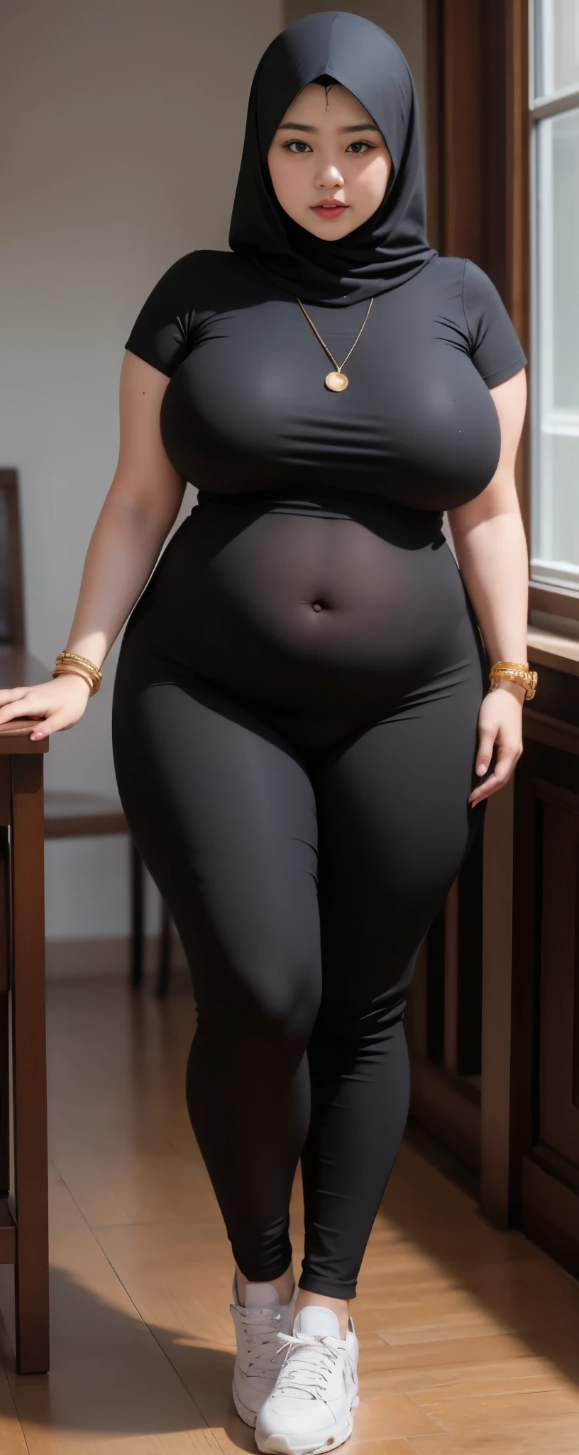 ((best quality)), ((masterpiece)), (detailed), perfect face, araffe woman thick and thight long pants posing for a picture, curvy model,, curvy hourglass figure, ???? longest hand t-shirt, thicc, beautiful full body shot, soft curvy shape, in a longest hand t-shirt, a beautiful woman , bbwchan, , armpits, there is a old woman posing in a dark room with a maroon burka clothes , 43 years old, thick body, beautiful thick female, wide ????, thick legs, she has a jiggly fat round belly, thick thighs, curvy hourglass figure, thicc, curvy model, widest ????, hyperrealistic full figure, bbwchan, voluptuous body, thick, tattooed body, tattooed hands, hena on arm, hena in belly, Burka girl, muslim clothes, 43 years old woman. Burka chubby woman, chubby cheeks, wearing a sneakers, bob hairstyle, thick neck, short neck, there is a woman random pose red-brown hijab, bbwchan, thicc, brown hijab outfit, brown hijab fashion model, korean girl, korean woman, wearing brown robe, full length shot, alluring plus sized model, japanese goddess, clothed in hooded, voluptuous and arousing, portrait shot, curvy model, voluptuous body, wonderful, nene tanaka body , bbwchan, The overall atmosphere is smooth , haunting illustrations, extremely high-resolution details, photographic, realism pushed to extreme, fine texture, 4k, ultra-detailed, high quality, high contrast, red sneakers , cold atmosphere ,, 8k resolution , ultra-detailed resolution , wearing long thight pants, random pose with full body , full body, diamond necklace , wearing a watch , thick arm, thick cheeks , wearing a gold Bracelet