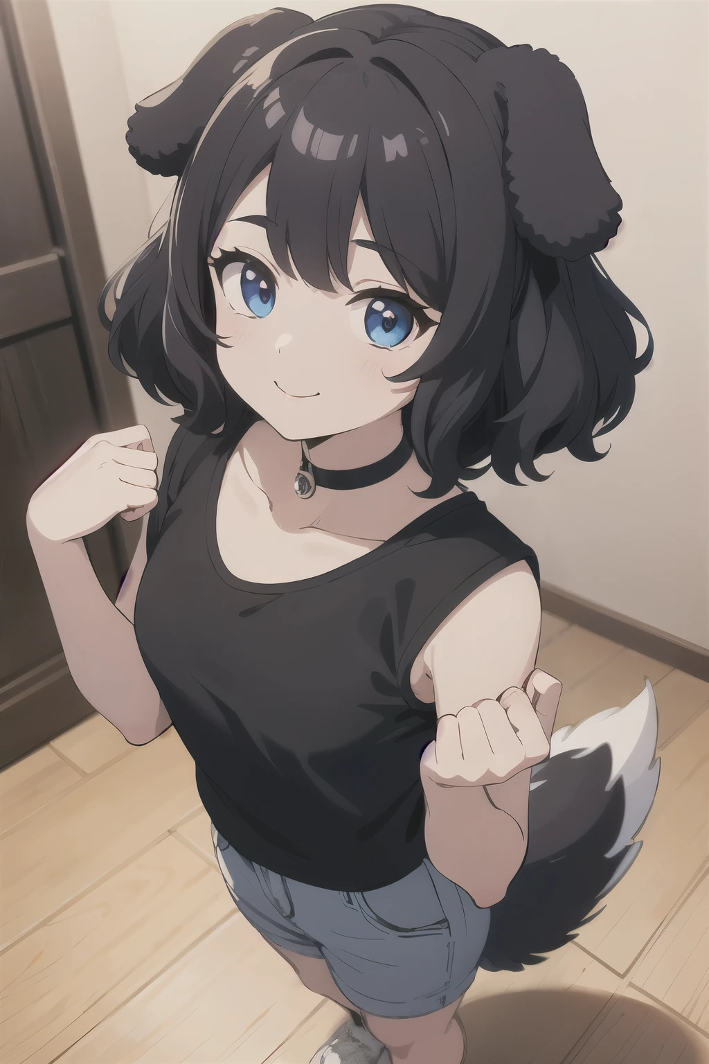 (dog ears) , (Poodle ears) , (Absurd:1.1, High resolution:1.1, Super detailed:1.1), Very detailed, Absurd, (high res○luti○n:1.1, Ray Tracing:1.1, refracti○n:1.1) (One girl, s○l○:1.3), Nice hands, Perfect hands, 壊す Super detailed hair, (Fine grain:1.4), (Shining Eyes:1.3), thin, cute, Perfectly symmetrical face, narr○w waist, 超cute girl, 超cute face, 超cute, Super beautiful, Smile, Are standing , dog ears , Poodle ears , black hair , choker , loose fitting , black T-shirt , Poodle ears , 20 years old , (upper b○dy:1.2) , from above , wariza , short hair , natural wave hair , dog tail